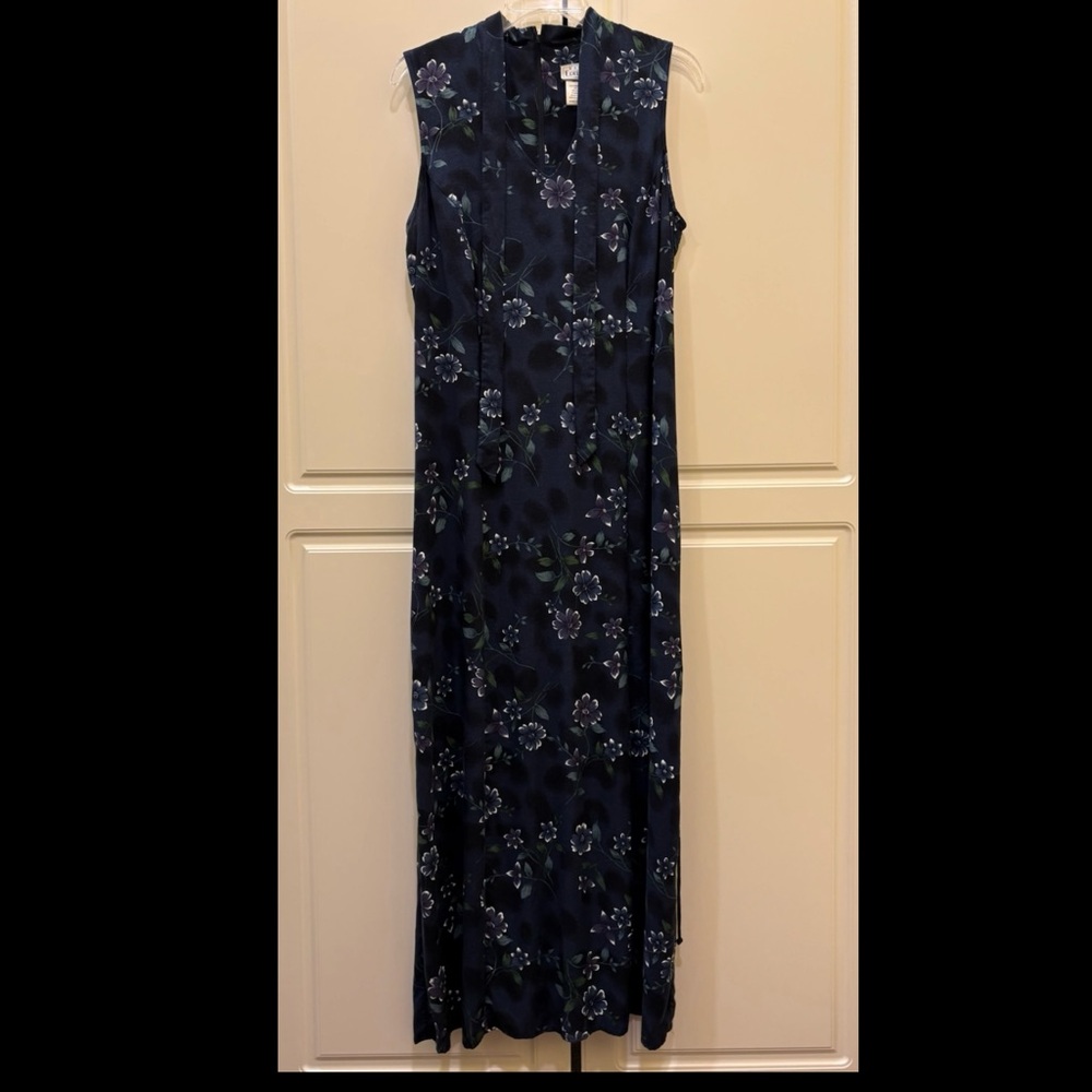 Basic Editions 90s Floral Zip Back Maxi Dress Tie Back Navy & Purple Size 15/16